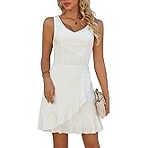 CARE LUCK White Ruffle Hem Mini Dress for Women V-Neck Sleeveless Summer Dress Flowy Elegant Cocktail Wedding Guest Party