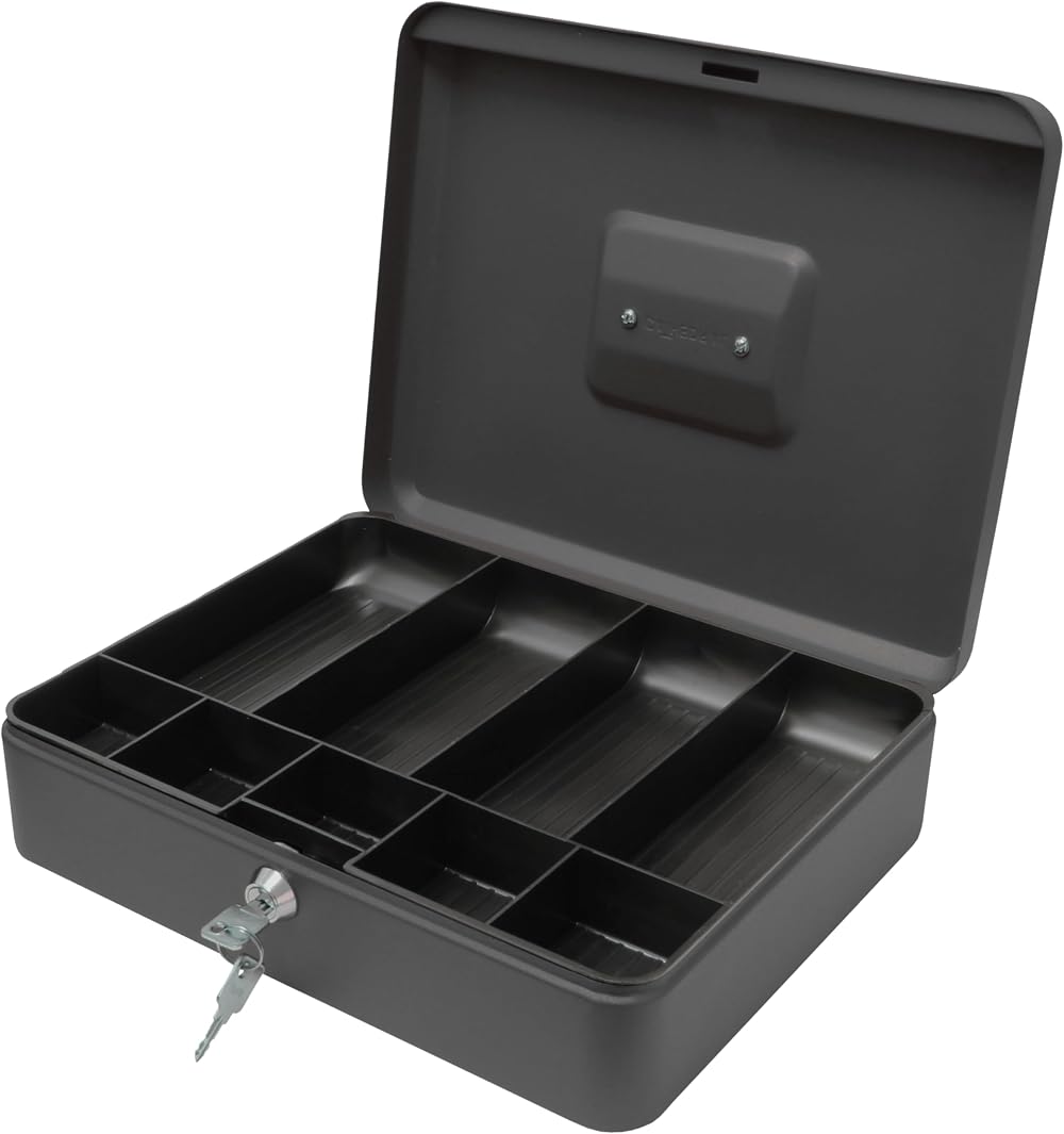 Cathedral Products Key Lockable Cash Box 12 Inch Black with 6 Compartment Tray