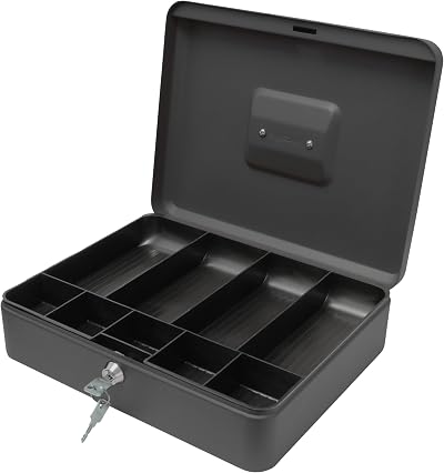 Cathedral Products Key Lockable Cash Box 12 Inch Black with 6 Compartment Tray