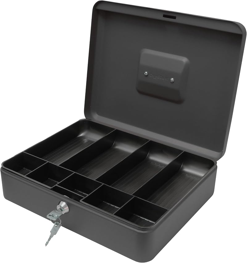 Cathedral Products Key Lockable Cash Box 12 Inch Black with 6 Compartment Tray