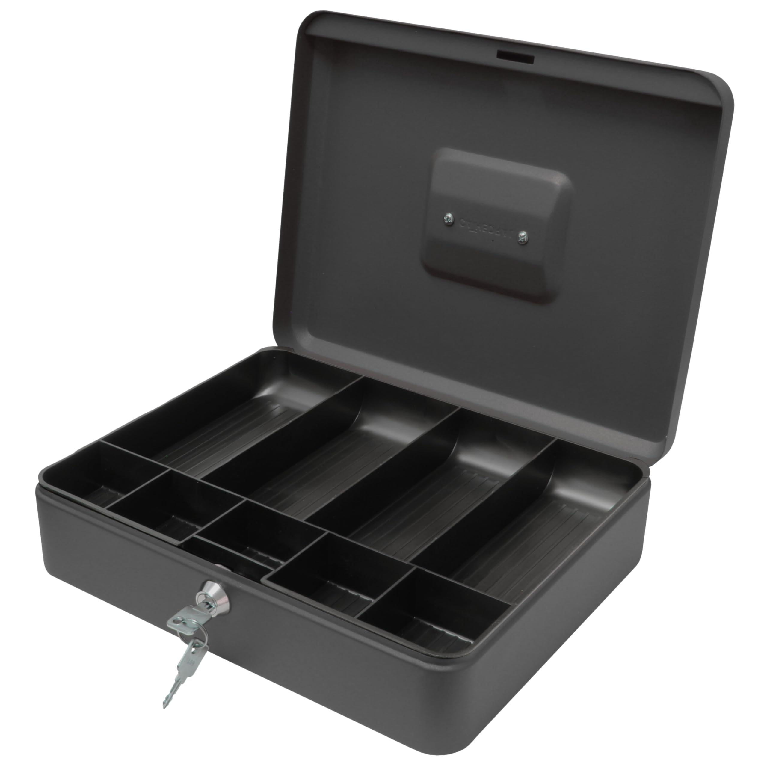 Cathedral Products Key Lockable Cash Box with Lift Out 6 Compartment Coin Tray - 12 Inch - Black