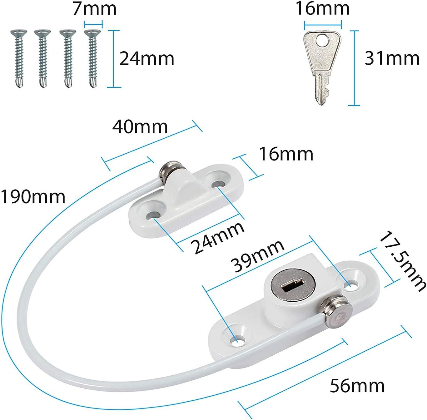 Blanc Verrou Porte Coulissante Restricteur Fenetre En Acier Inoxydable Avec Vis Enfants Fil De Securite Militaire 4 Pcs Entrebailleur Fenetre Securite Porte Enfant Bebe Avec Cle Pour Cable Antivol Securite Securite Domestique