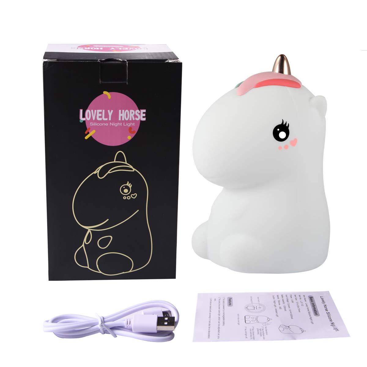 Unicorno Luce Notturna LED per Bambini, Sunvito Cute Lampada USB Ricaricabile in Silicone, Controllo Touch, Luce Calda Dimmerabile e 7-Colore Regolabile (Bianco)