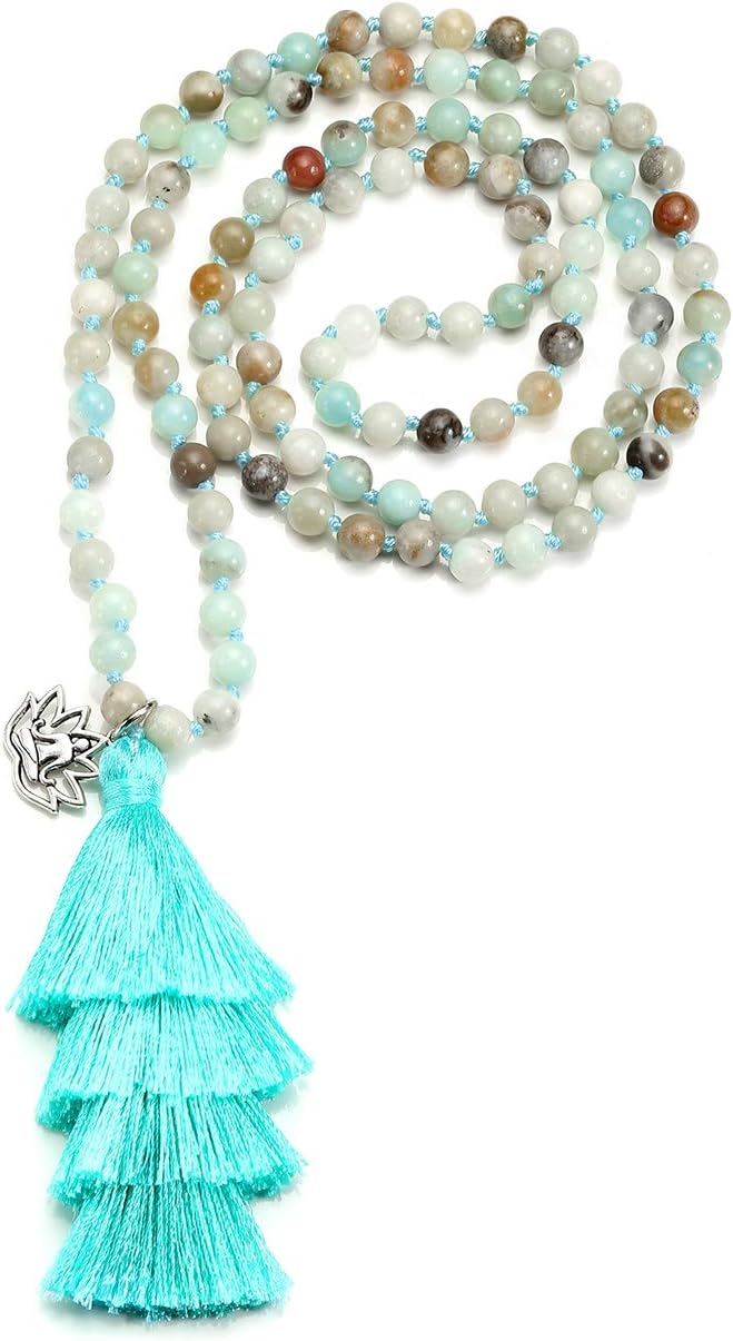 Mala Beads Brcelet - 108 Prayer Meditation Beads Yoga Lotus Sky Blue Tassel Beaded Necklace Amazonite Gem