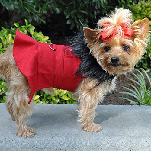 Doggie Design Wool Fur Trimmed Dog Harness Coat with Leash (S, Red)