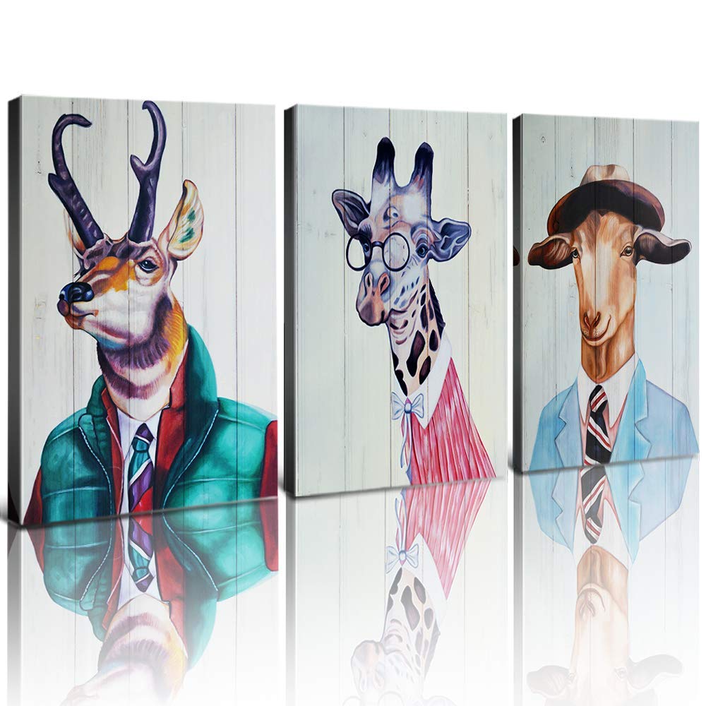 YOOOAHU Funny Hippy Nordic Animals Wall Art Room Decor Canvas Prints Wood Framed Painting Pictures Reindeer Elk Giraffe Goat Job Modern Artwork Men Boys Gifts Home Decoration Set 3 Panel 12 x 16 Inch