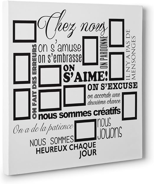 Beestick Tableau Citation Chez Nous On S Aime En Photos 105x95 Cm Blanc Noir Avec 11 Cadres Integres Pour Photos De 10x15 Cm A Coller Simplement Avec Un Double Adhesif Ou Des Punaises Amazon Fr