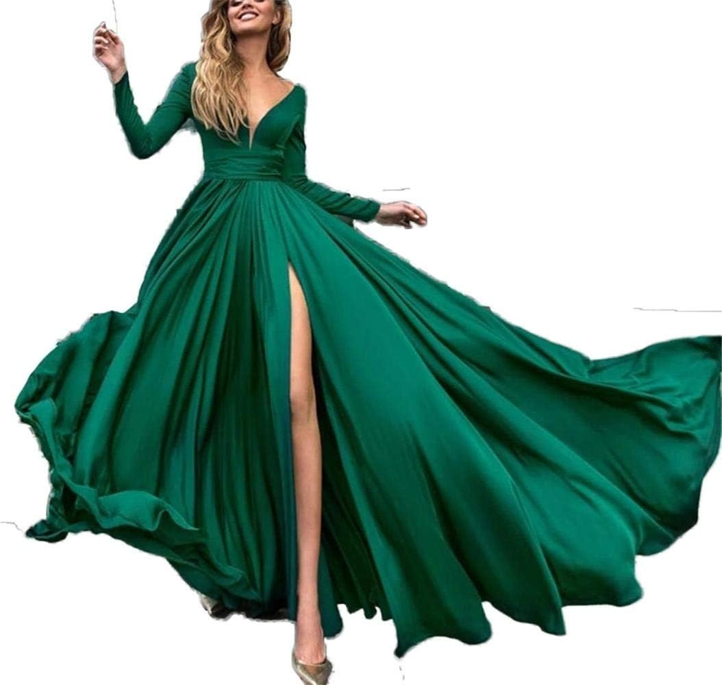 SSPBridal Long Sleeves Plunge V-Neck Prom Dress Evening Gowns Front Split Long Evening Party Dresses Formal pp118