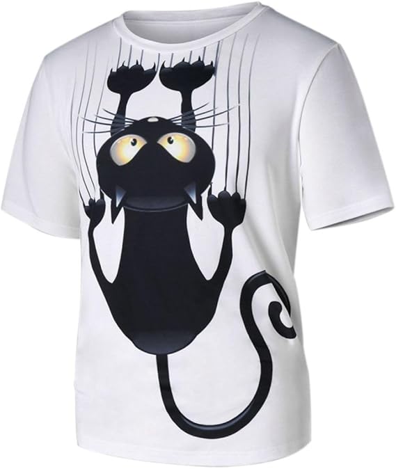 Amazon Huybメンズ ｔシャツ男性 女性 カップル 猫パターン プリント 半袖シャツ トップス シンプル 白色tシャツ レディーズ Tシャツ カットソー 通販