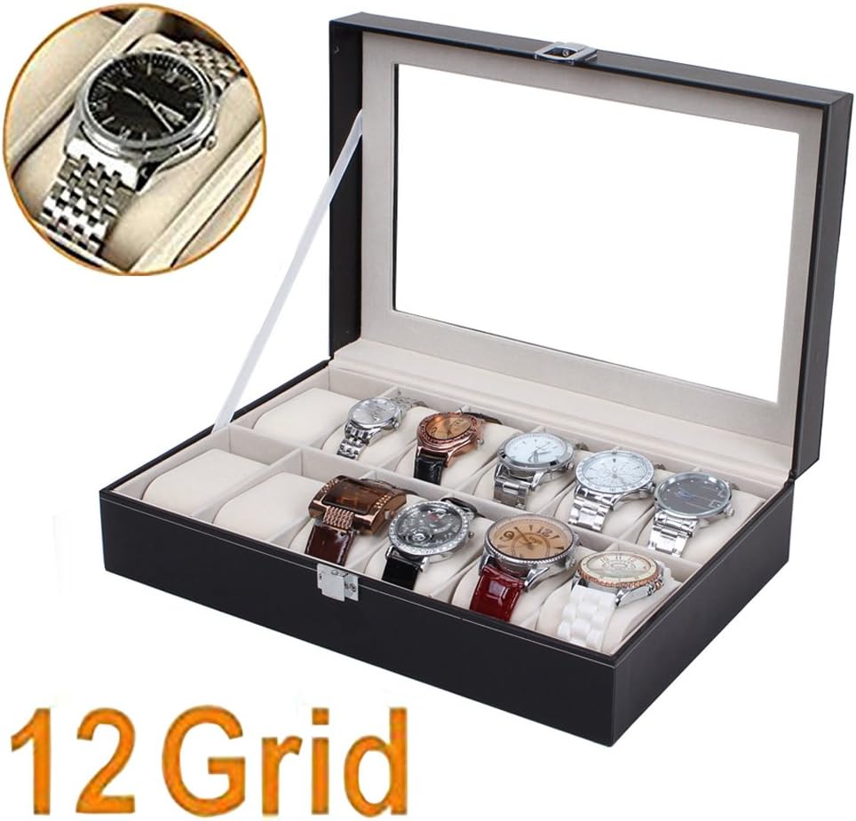 Lexgo 12 Grids Faux Leather Watch Display Box Case Top Jewelry Case Organizer