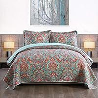 NEWLAKE Cotton Bedspread Quilt Sets-Reversible Patchwork Coverlet Set, European Gorgeous Floral Pattern, King Size