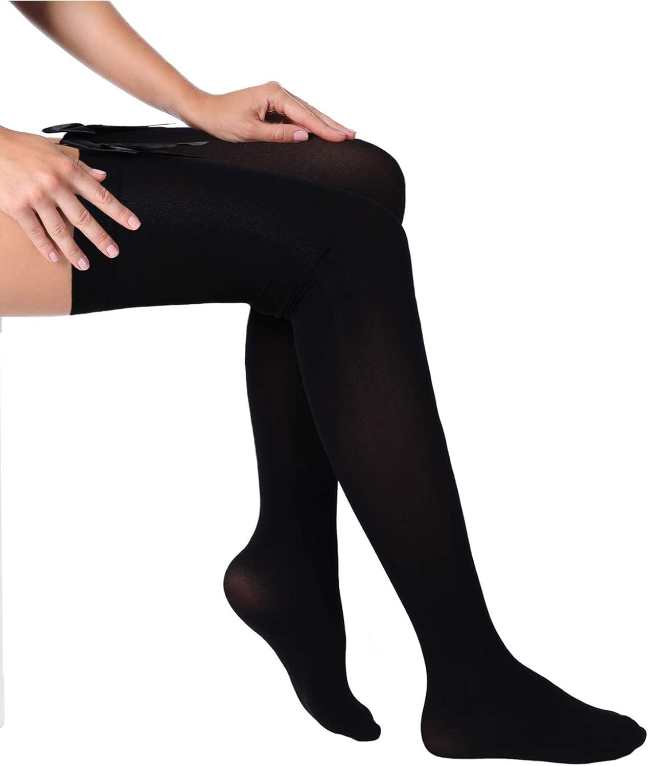 3 Pairs Women Bow Lace Thigh High Stockings Valentine's Day Over The Knee Socks for Dress Daily Favors (Black with Black Bow, Black with Pink Bow, White with White Bow): Clothing