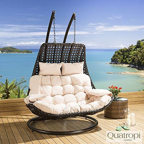 Outdoor/Indoor 2 Person Garden Hanging Chair/Sunbed Black Rattan/Cream