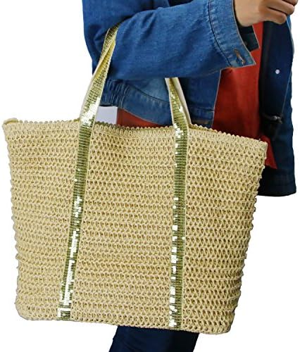 Straw Bag Handbags Summer Beach Tote,Women's Shoulder Bag with Top Zipper Closure Women Top Handle Handbag(Golden Stripes)