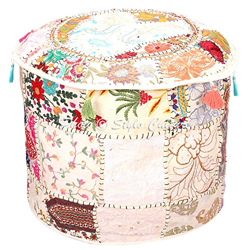 Stylo Culture Decorative Floor Ottoman Pouf Cover Round Patchwork Embroidered Pouffe Ottoman Cover White Cotton Floral Traditional Furniture Footstool Seat Puff Cover (18x18x13)
