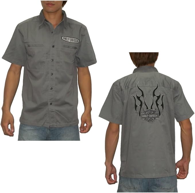Mens Harley Davidson Button Down Short Sleeve Shirt Grey (Size 2XL