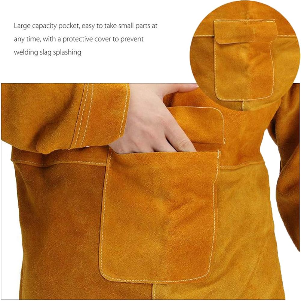 Jewboer Leather Welding Apron Jacket Anti-scald Work Apron Heavy Duty Weld Coat Clothes with Neck Sleeves: Clothing