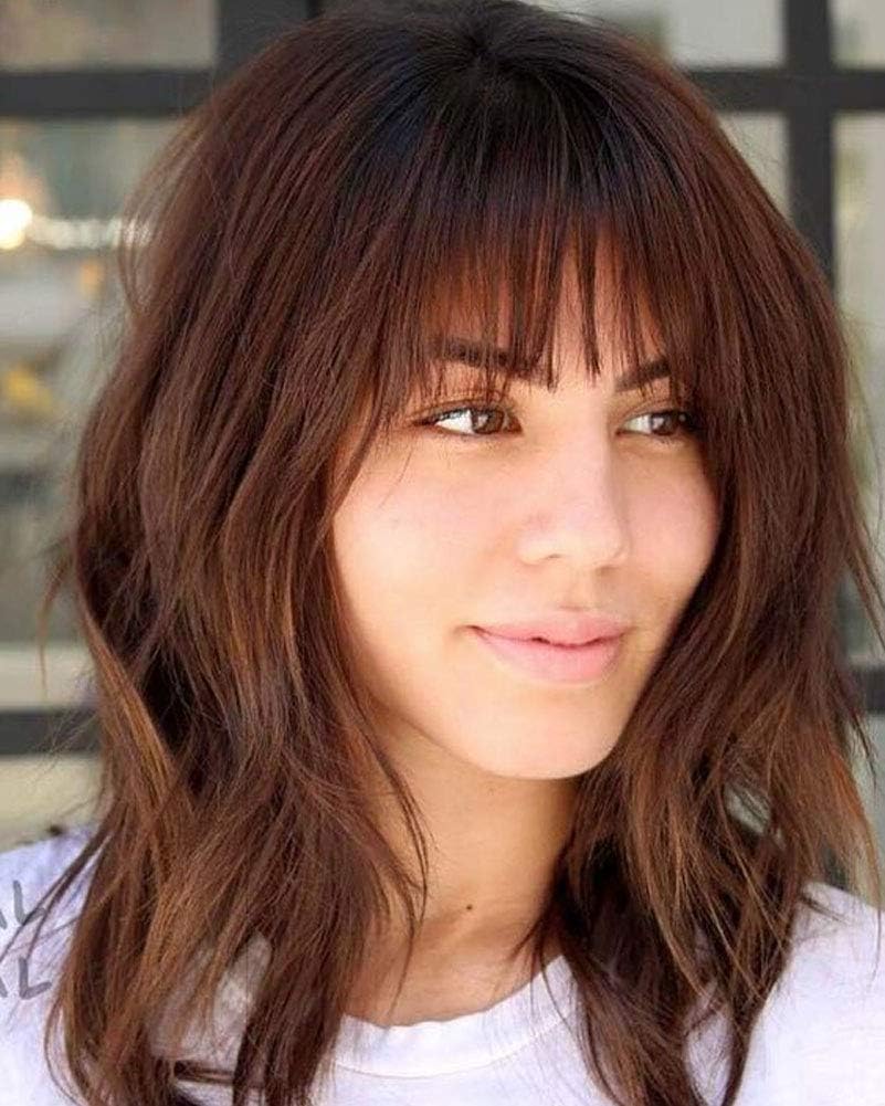 Evasens Bob Wavy Wigs Short Curly Synthetic Heat Resistant Wavy Wigs with Bangs Natural Healthy Ombre Brown Wigs for…