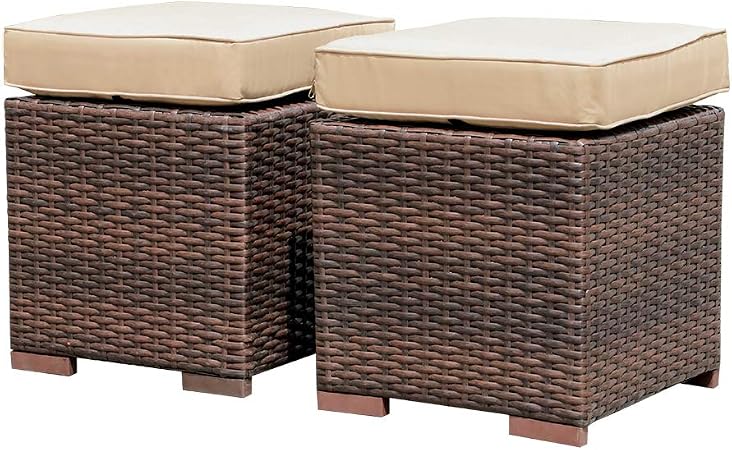 Amazon Com Patiorama 2 Pieces Assembled Outdoor Patio Ottoman Indoor Outdoor All Weather Dark Brown Wicker Rattan Outdoor Footstool Footrest Seat With Beige Cushions No Assembly Required Garden Outdoor