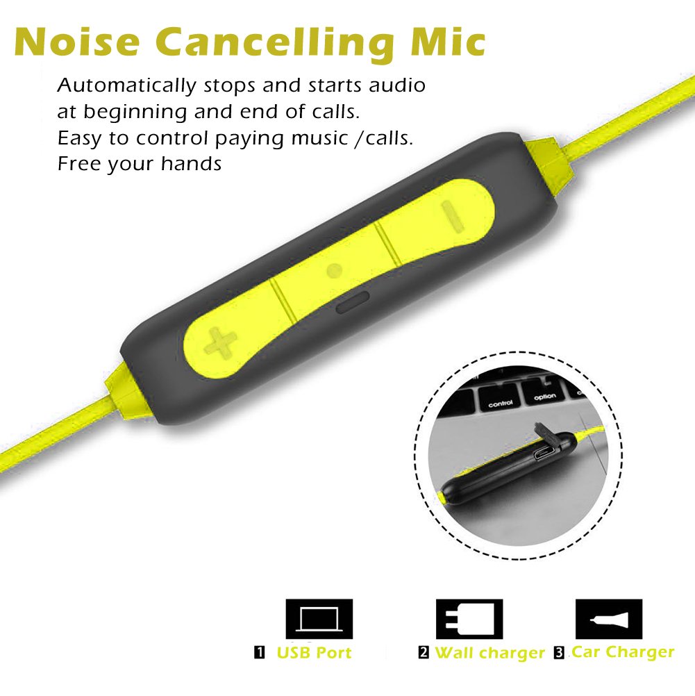 Powerbeast Bluetooth Headphones Runner Headset Sport Earphones with Mic and Sweatproof Wireless earbuds for Running (Yellow)