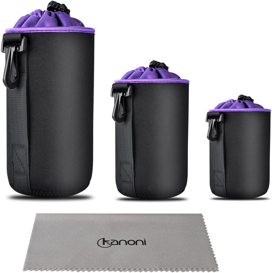 Camera Lens Pouches Bags (3 Pack) - Kanoni 5mm Thick Protective Neoprene Lens Case of Soft Plush Lining With Hook for DSLR Camera Lens(Canon, Nikon, Pentax, Sony, etc.)-Include Small, Meduim and Large