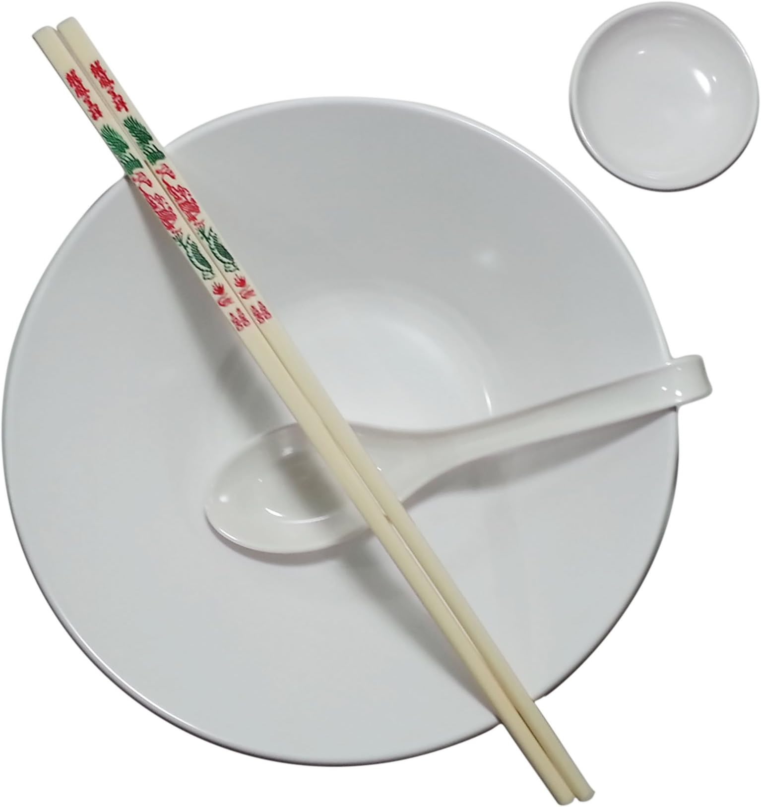 Asian Melamine Pho Set : 8" Noodle Bowl complete with 11" Chopsticks, 2.5" Soy Sauce Dish and Soup Spoon