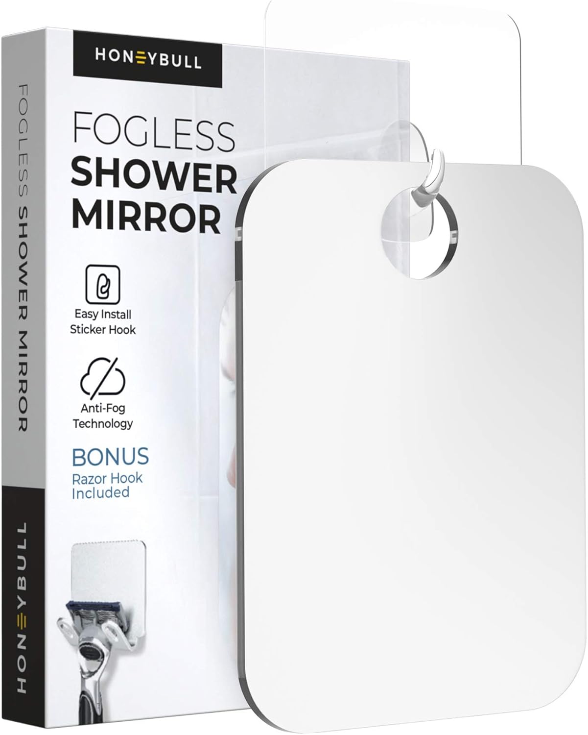HONEYBULL Shower Mirror (Small 4x6 inches) Flat Fogless Mirror with Razor Hook, Anti Fog Technology, Waterproof & Shatterproof, Bathroom Accessories for Men & Women -
