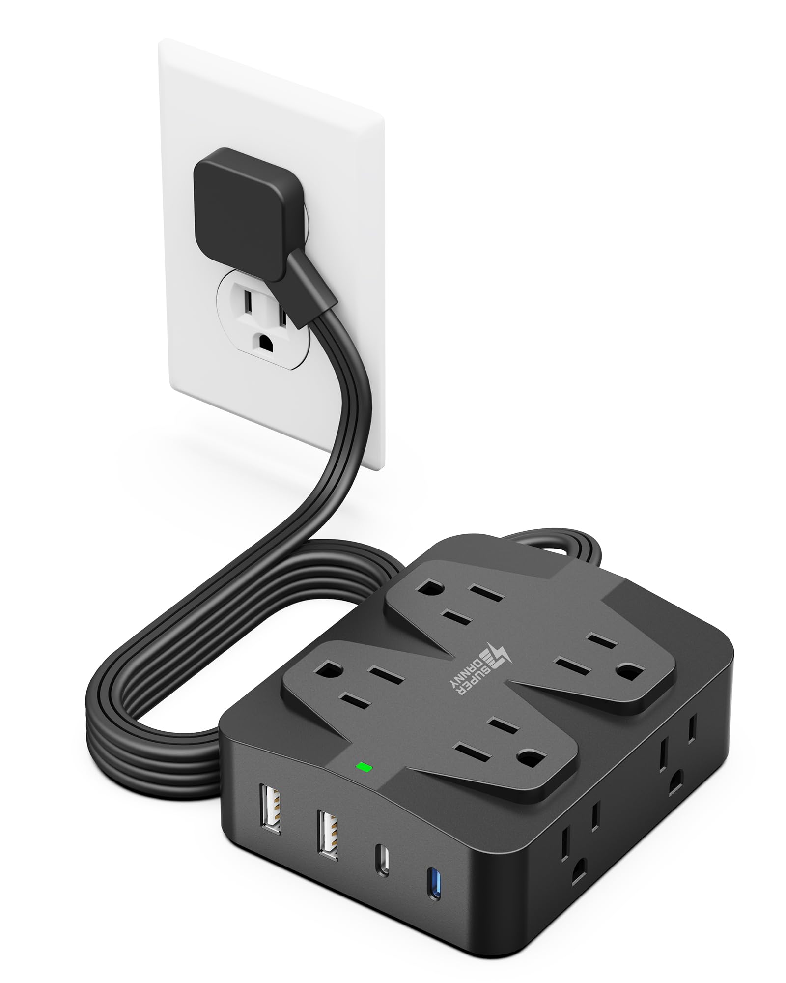 Photo 1 of 35W Fast Charging Power Strip, SUPERDANNY 6ft Flat Plug Extension Cord (13A/1625W) with 8 Wide Outlets & 4 USB Ports, Wall Mountable, 1050J Surge Protector Charging Station for Home Office Dorm