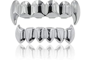 canjoyn 18K Gold Silver Plated Hip Hop Vampire Fangs Top Bottom Teeth Grillz Set for Men and Women