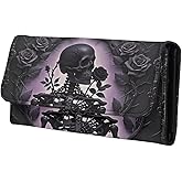 Jolamirel Skeleton Roses Long Wallet for Women Gothic Leather Trifold Slim Clutch Wallets with ID Window, Purple Black Billfold Purse Credit Card Holder