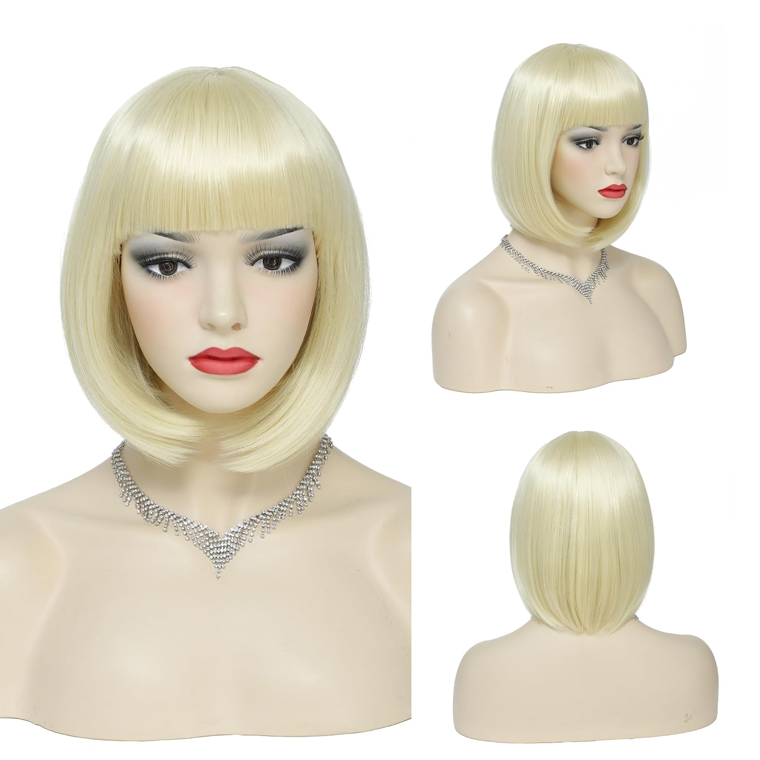 Short Bob Wigs with Fringes/Bangs for Women, Straight Blonde Bob Style wigs-Premium Heat Resistant Synthetic Fiber Layered Hair Wigs for Daily Party/Halloween/Cosplay (#613-Bleach Blonde)