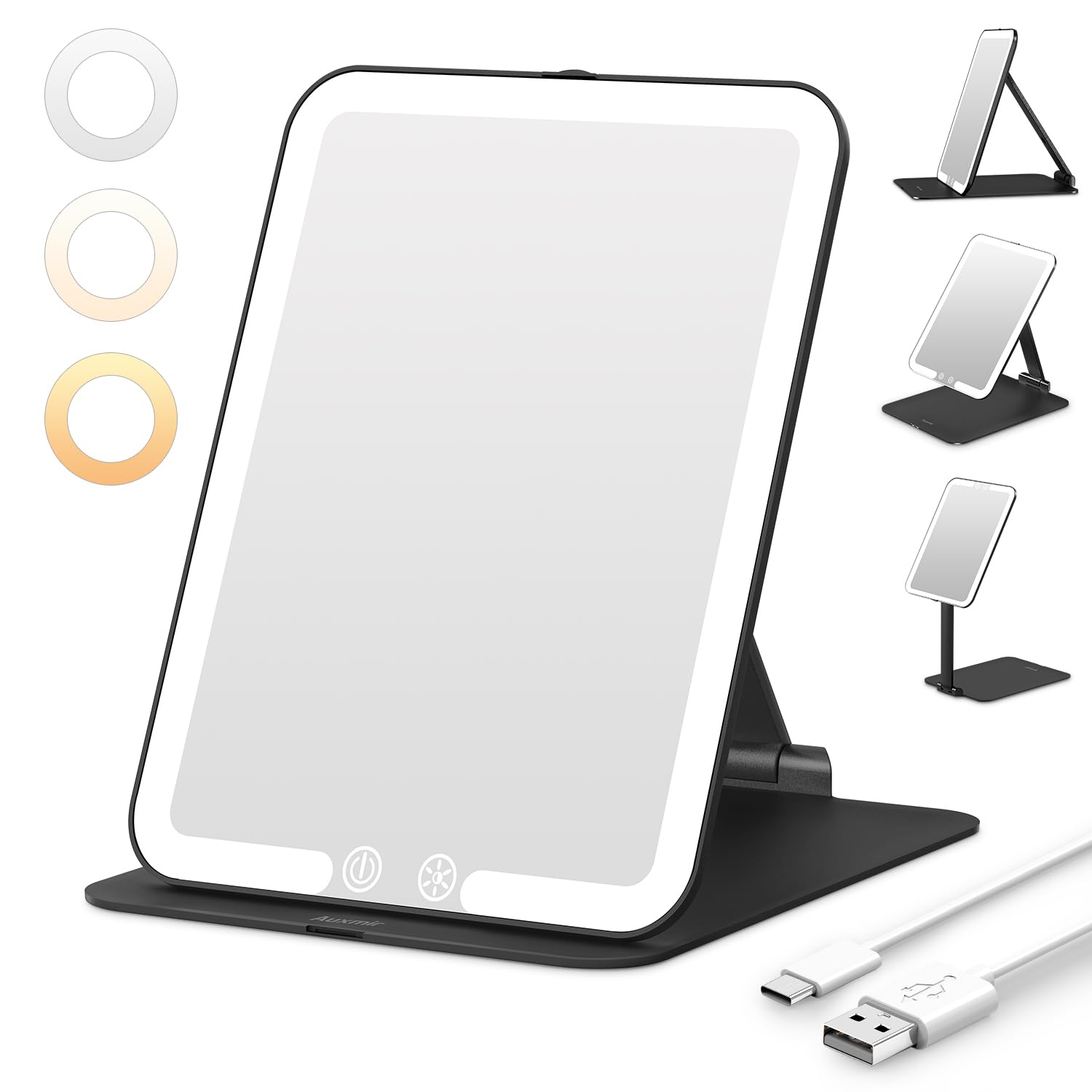 Auxmir LED Travel Makeup Mirror, Portable Vanity Mirror with Lights, Rechargeable Compact Mirror with Dimmable Touch Screen, Folding Beauty Mirror for Home and Travel, Black