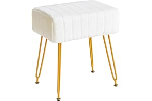 MOOWIND Vanity Stool Chair Faux Fur Vanity Seat Ottoman, Soft Furry Makeup Stool Compact Padded Seat, Modern Decorative Footrest with 4 Metal Legs, White