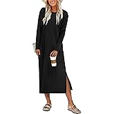 ANRABESS Long Sleeve Midi Dresses for Women Fall Fashion Casual Vacation Crewneck Loose Split Striped Long Tshirts Dress