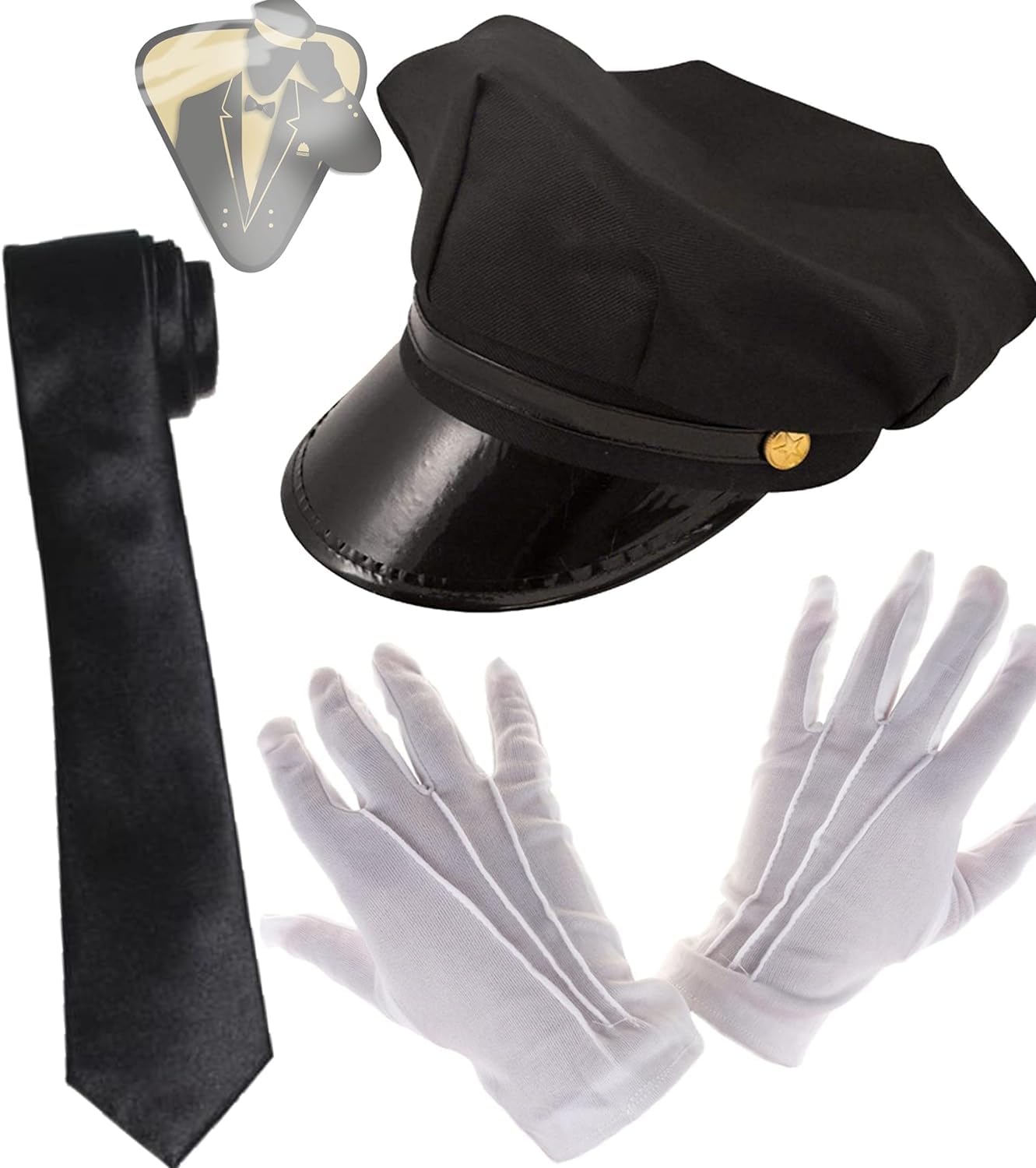 Dreamzfit Chauffeur Cap & Accessories Kit | Unisex Adult Fancy Dress for Book Week, Driver Costume with White Gloves & Black Tie | Premium Taxi Limo Hat