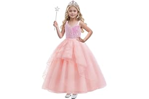 Btonai Kids Pink Witch Costume for Girls Pink Bubble Tulle Dress Princess Sequins Mesh Outfits with Crown and Wand