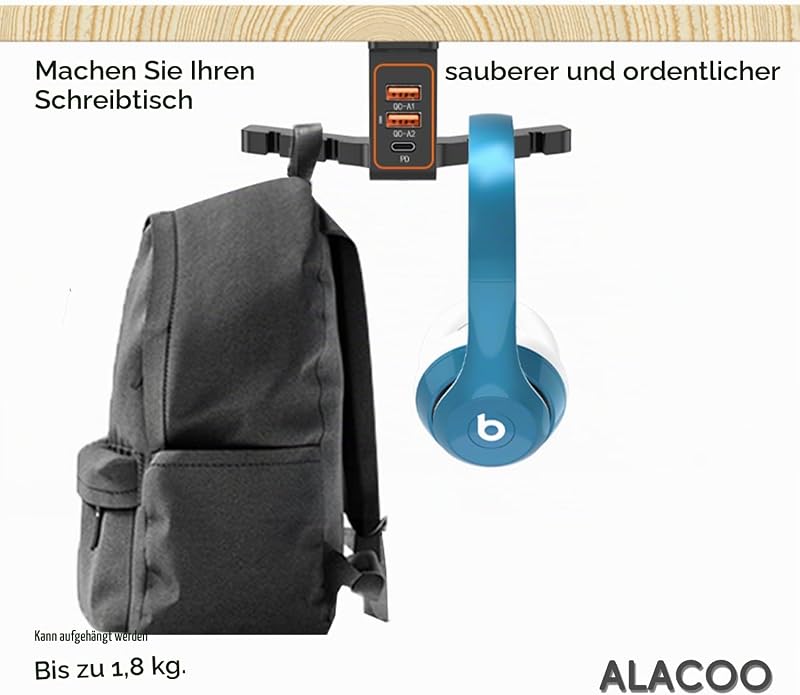 Smartwatch & Headset Halterung Doppelter Kopfhörer Ständer mit 3-Port-USB-Ladefunktion (20W PD & QC3.0) für Unter dem Schreibtisch, Selbstklebend Kopfhörerständer für Gaming Headset Zubehör