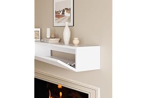 KALSUBO 60 Inch Rustic Fireplace Mantel with Storage Drawers, Wall-Mounted Wooden Mantel Shelf for Living Room, Office, TV Display or Kitchen Decor(White)
