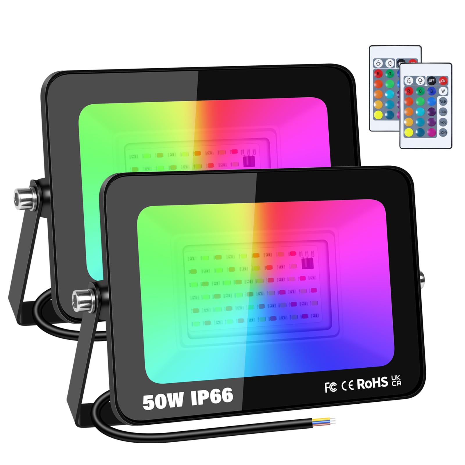 RIGIDON 2 Pack 50W LED Flood Light Outdoor, 16 Colour Changing IP66 Waterproof RGB Flood Lights with Remote Control for Garden Yards Stage House Landscape Lighting