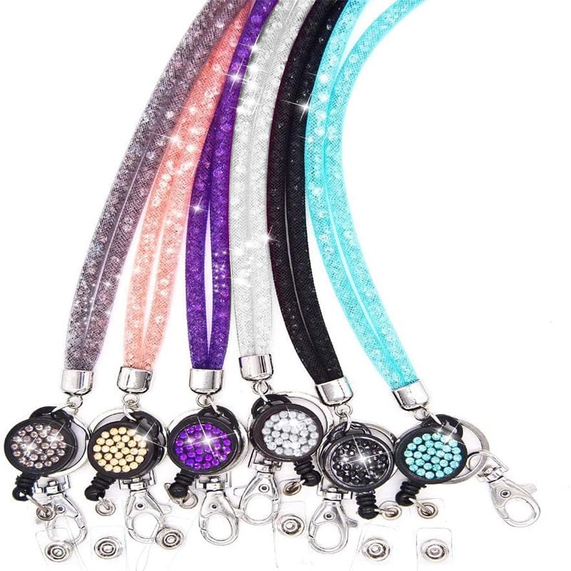 6 Pcs Crystal Lanyard Necklace Bling Rhinestone Card Holder with Retractable Badge Holder and Keyring Crystal Lanyard Strap Bling ID Badge Holder for Students Employees