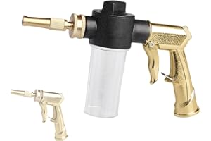 MOSIKEN Garden Hose Nozzle Sprayer with 3.5oz Plastic Soap Dispenser Bottle, Heavy Duty High Pressure Car Wash Foam Gun, Adjustable Nozzle for Gardening, Solar Panel Cleaning, Pet Showering (Brass)