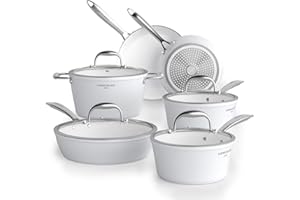 COOKSMARK Nonstick Ceramic Cookware Set, 10 Pieces White Pots and Pans Set with Glass Lids & Stainless Steel Handles, Induction Cookware Set & Dishwasher Oven Safe, Scratch-Resistant