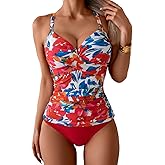 B2prity Women's Ruched Tankini Swimsuits V Neck Wrap Tie Back Two Pieces Bathing Suit Tummy Control Swimwear