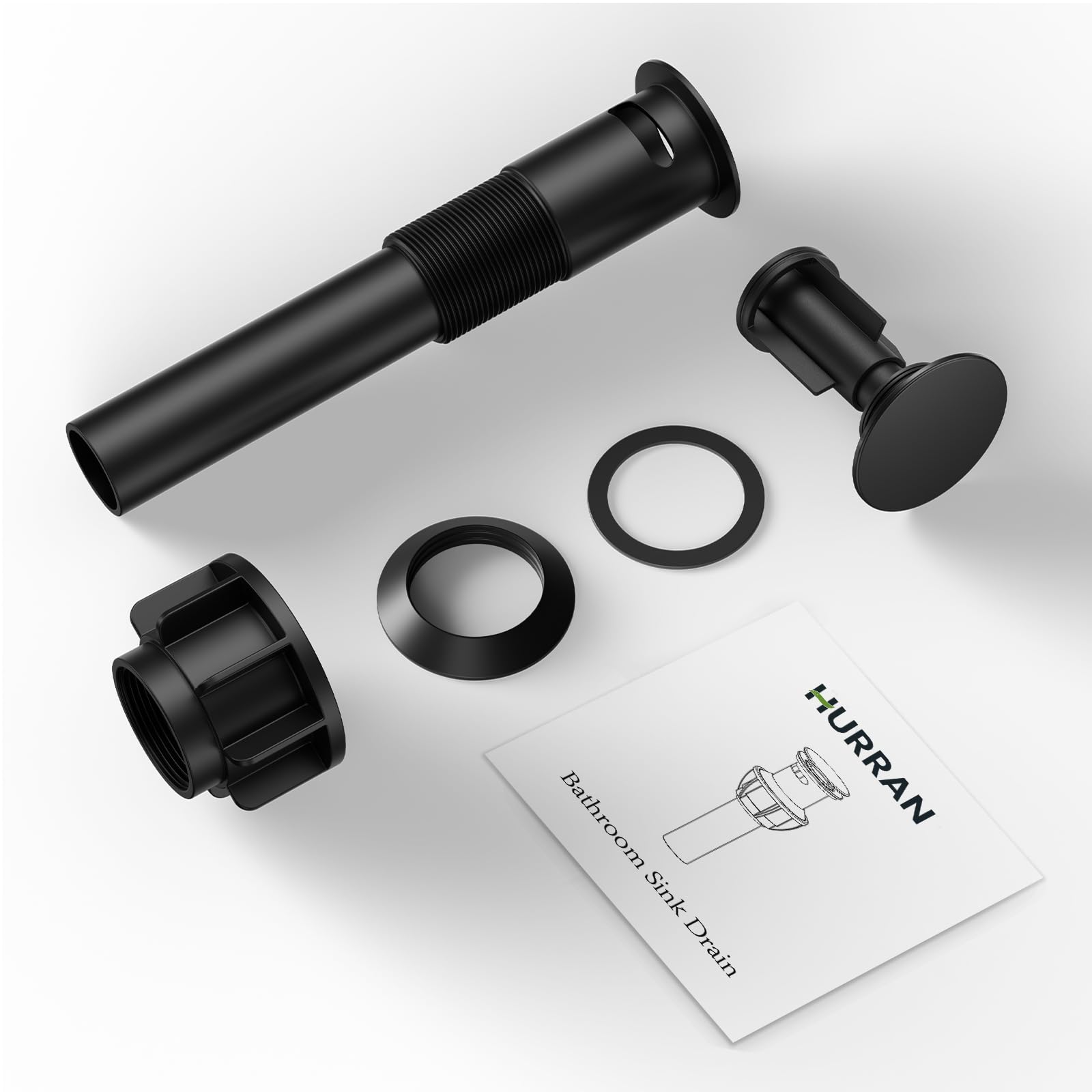 Bathroom Sink Drain with Overflow, Hurran Matte Black Bathroom Sink Stopper for Bathroom Vanity Vessel Sink, Rapid Draining Plastic Pop-up Sink Drain with Hair Catcher Anti-Clog Strainer