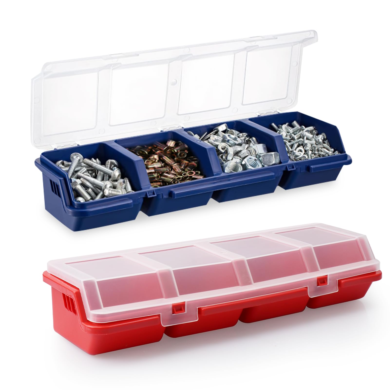 Bvdfgk Small Parts Storage Organizer, 2 Pcs 4 Compartments Nuts and Bolts Tool Box with Divider and Lid, Hardware Box Storage, Sealing, Leak-proof, for Screw, Nail Tools, Jewelry, Fishing Accessories