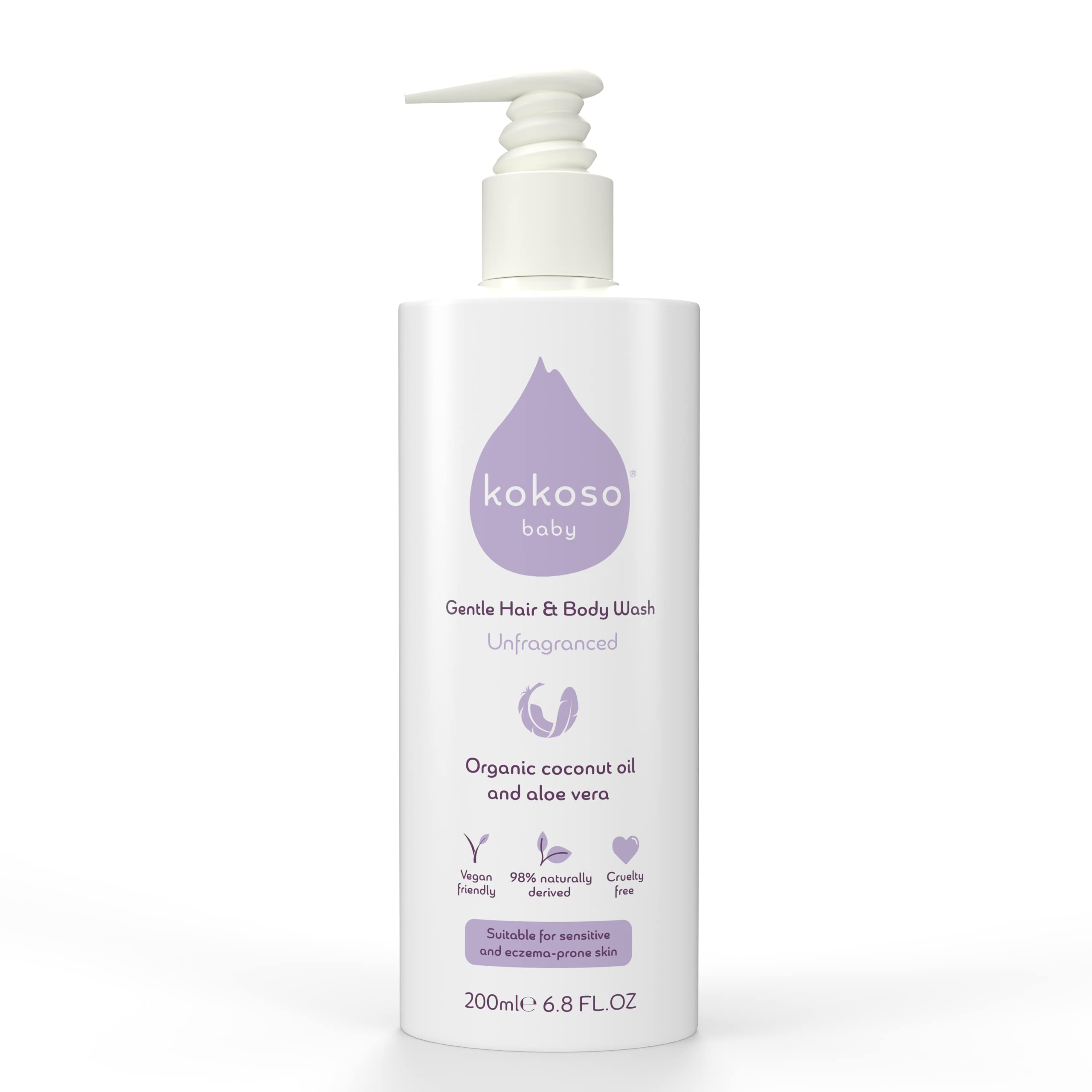 Kokoso - Baby Hair & Body Wash, Unfragranced - Natural Coconut Oil & Aloe Vera - Suitable for Sensitive & Eczema Prone Skin - 98% Naturally Derived, Safe from Birth - 200ml — image 1