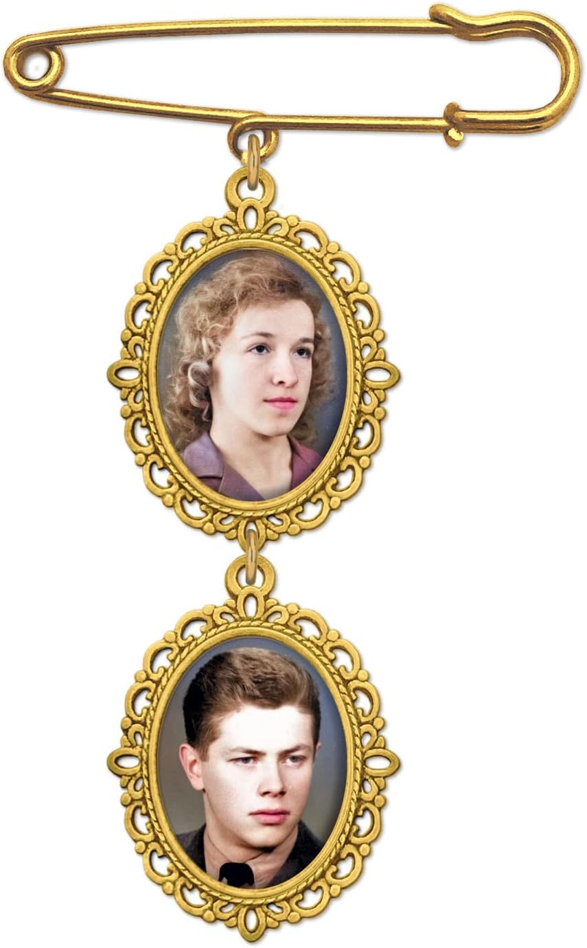 Photographs - Wedding Bouquet Memorial Remembrance Photo Charm Bright Gold Holds 2 Pictures for Bride's Flowers or Groom's Boutonniere with Photo Resizer