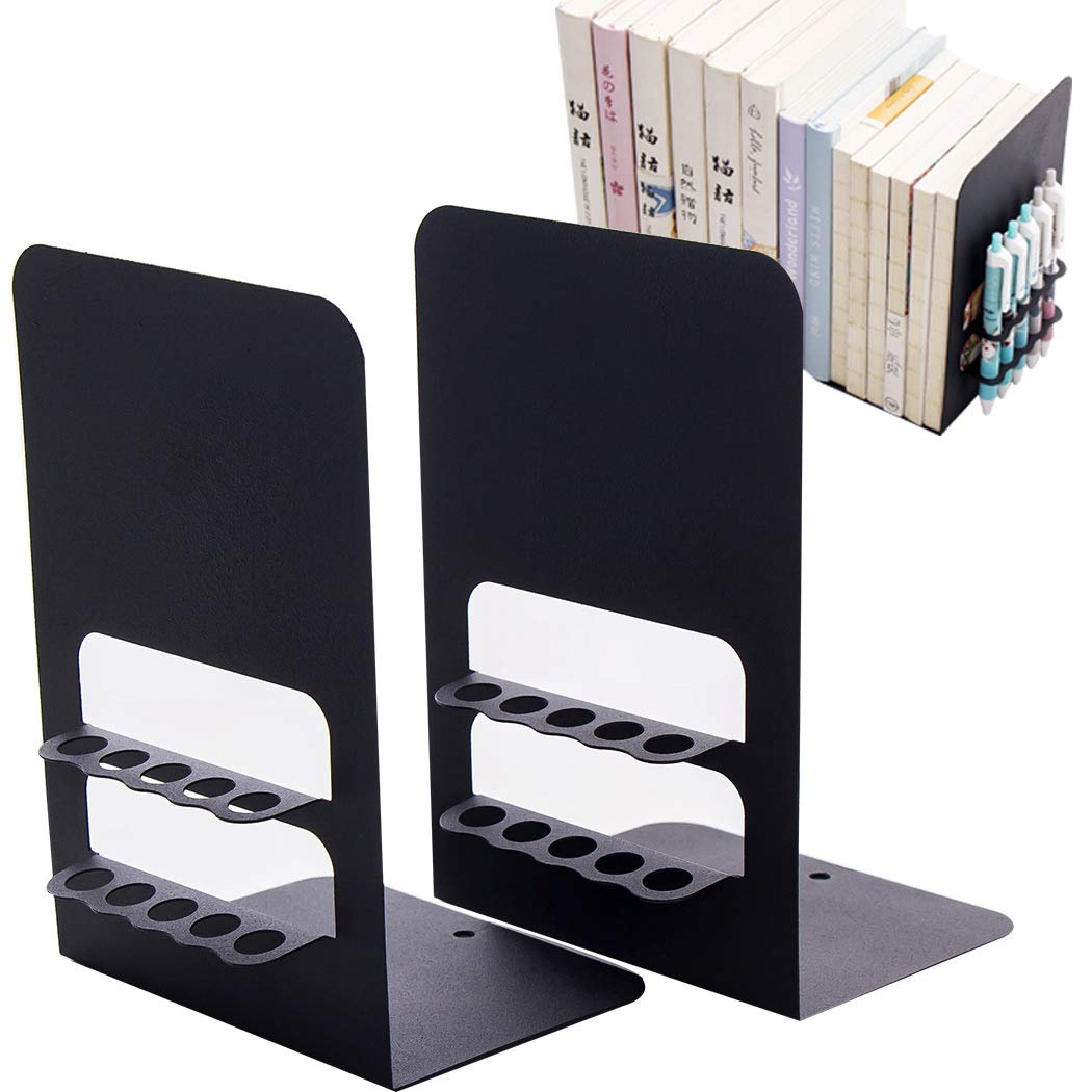 SIPLIV Bookends Steel Universal Economy Holder Stand Book Rack Desk Bookend Can be Inserted Pens(10 pen holes), 1 Pair(Black)