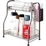 Bathroom Counter Organizer Shelf With Toiletries Basket, 2-Tier Standing Kitchen Spice Rack for Spice Can Jars Bottle with 3