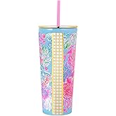 Lilly Pulitzer Double Wall Tumbler with Lid and Reusable Straw, Insulated Travel Cup Holds 24 Ounces, Cay to My heart